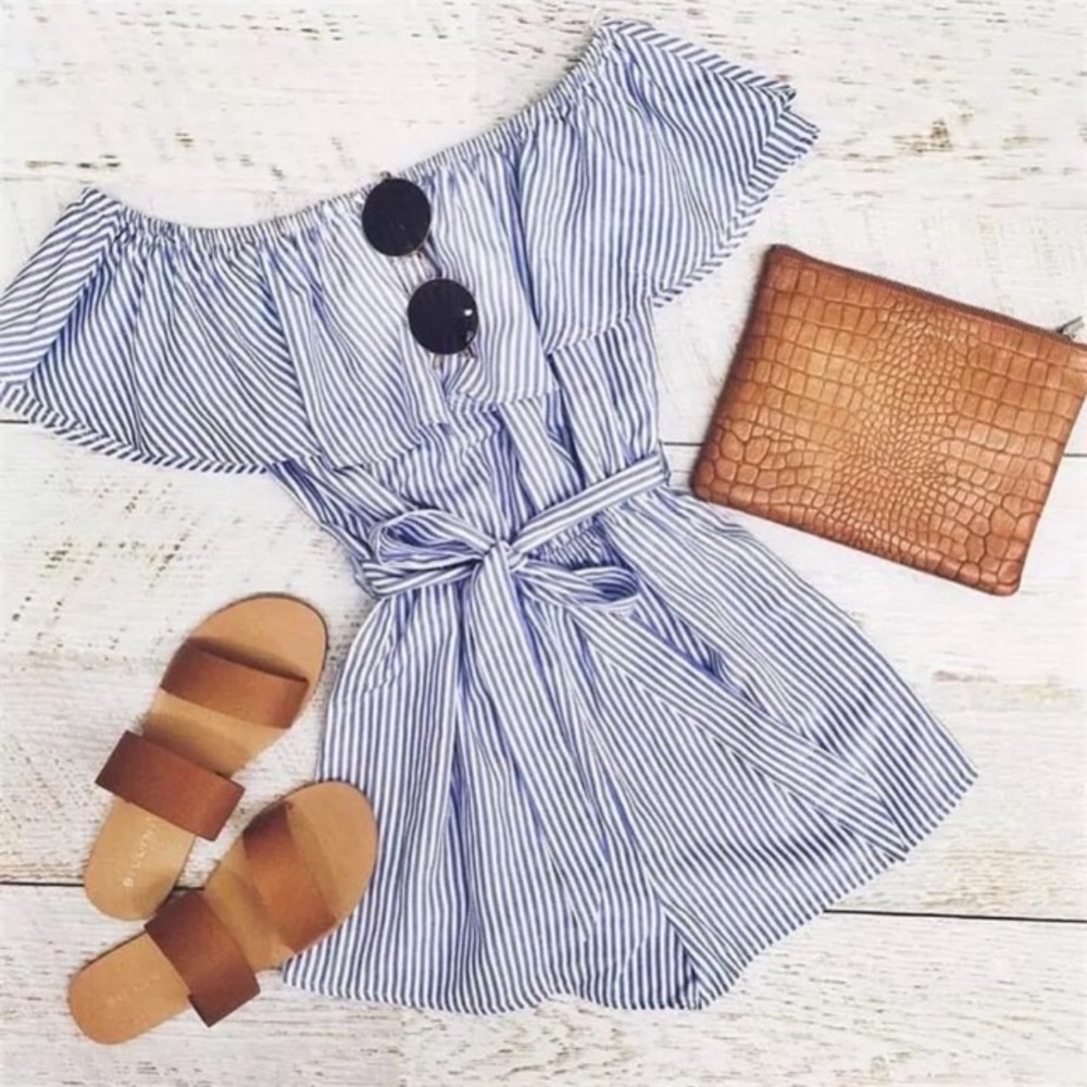 💥 SALE Off Shoulder Ruffled Belted Striped Romper - Picture 7 of 8